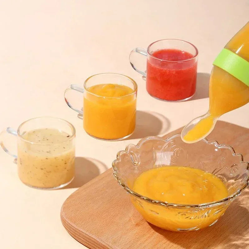 3-in-1 Squeeze Baby Bottle Solid Food Dispenser & Training Spoon Safe Silicone, Easy to Hold