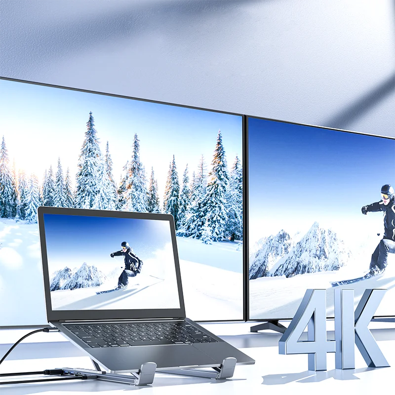 Portable Laptop Stand Aluminum Adjustable 8 Ports USB C Hub with 4K HDMI PD 100W for MacBook 10-17” Laptops Cooling Riser Mount