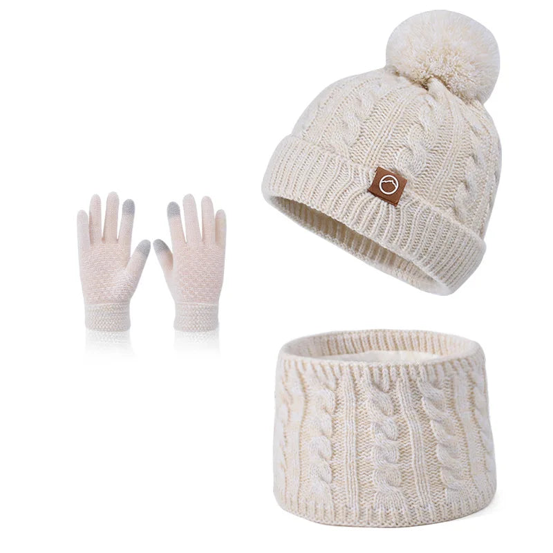 3pc Kids Winter Hat Scarf Gloves Set Unisex Children Beanie Cap Knitted Scarf Cap Ear Protection Fleece Warm Hat Boys Girl