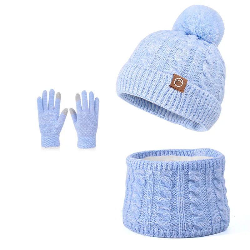 3pc Kids Winter Hat Scarf Gloves Set Unisex Children Beanie Cap Knitted Scarf Cap Ear Protection Fleece Warm Hat Boys Girl