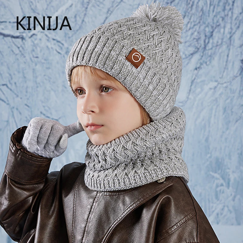 3pc Kids Winter Hat Scarf Gloves Set Unisex Children Beanie Cap Knitted Scarf Cap Ear Protection Fleece Warm Hat Boys Girl