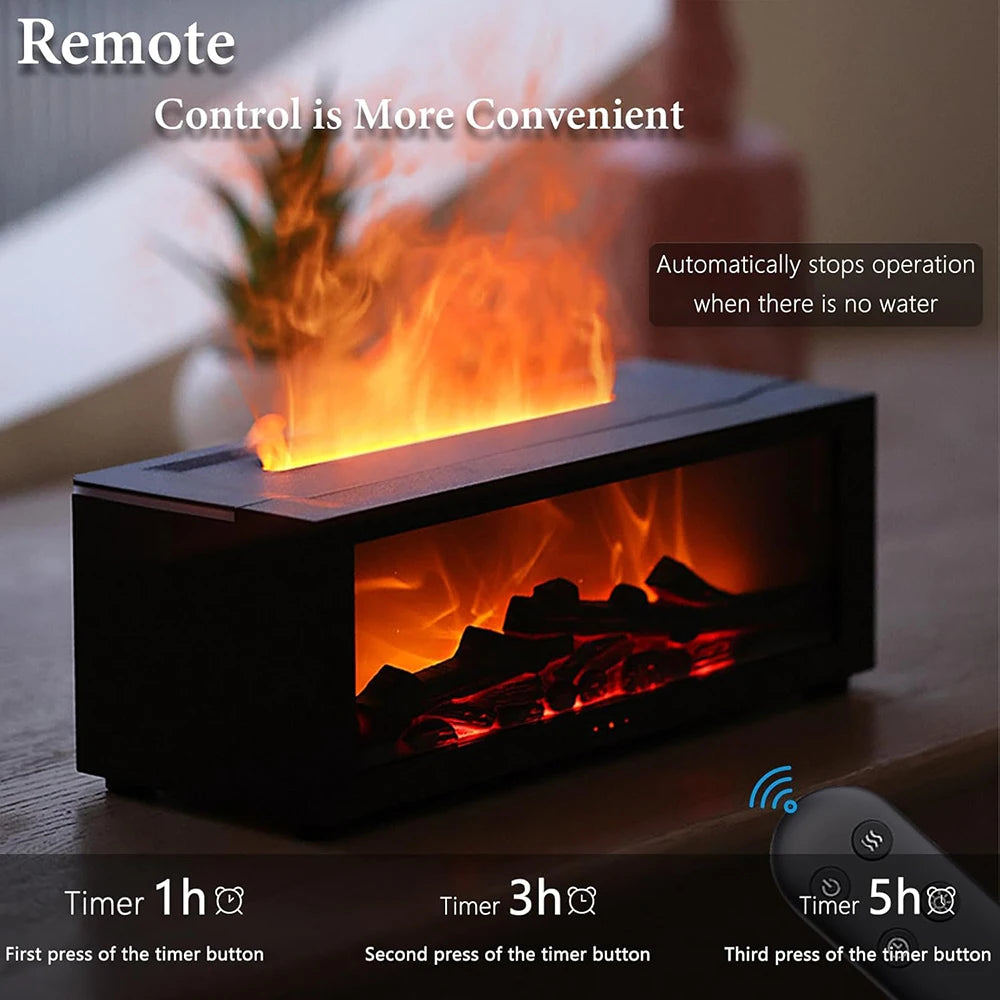 Essential Oil Diffuser, 3D Fireplace-Style Aromatherapy Humidifier with Colorful Flame Effect and Remote Control