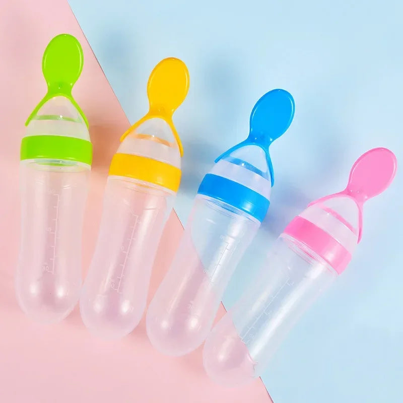 3-in-1 Squeeze Baby Bottle Solid Food Dispenser & Training Spoon Safe Silicone, Easy to Hold