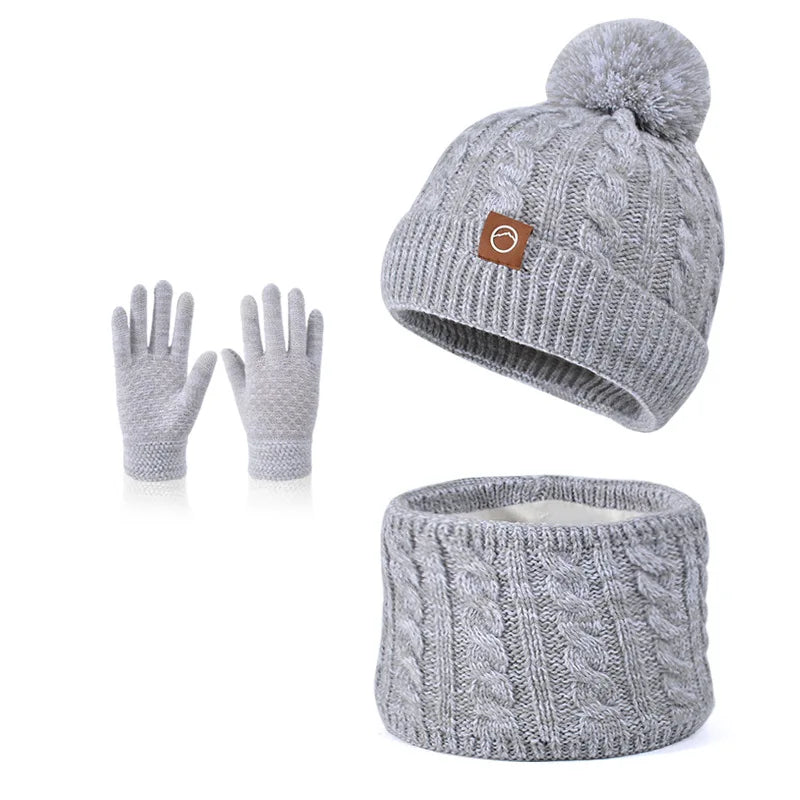 3pc Kids Winter Hat Scarf Gloves Set Unisex Children Beanie Cap Knitted Scarf Cap Ear Protection Fleece Warm Hat Boys Girl