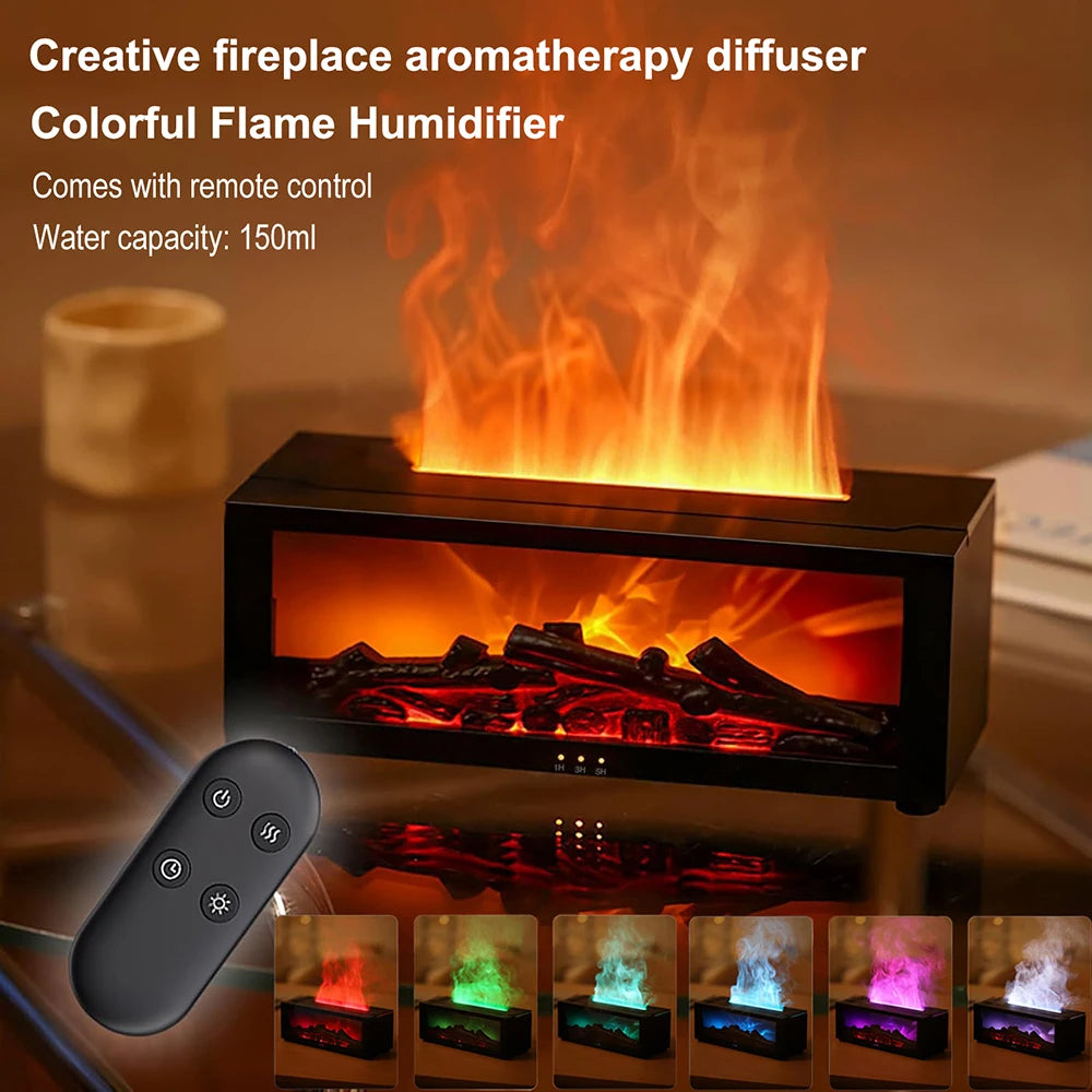 Essential Oil Diffuser, 3D Fireplace-Style Aromatherapy Humidifier with Colorful Flame Effect and Remote Control