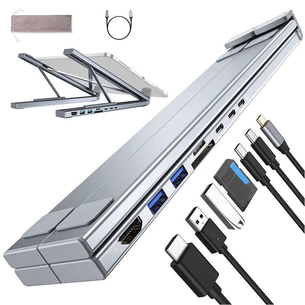Portable Laptop Stand Aluminum Adjustable 8 Ports USB C Hub with 4K HDMI PD 100W for MacBook 10-17” Laptops Cooling Riser Mount