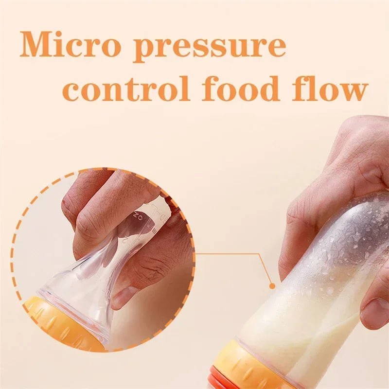 3-in-1 Squeeze Baby Bottle Solid Food Dispenser & Training Spoon Safe Silicone, Easy to Hold