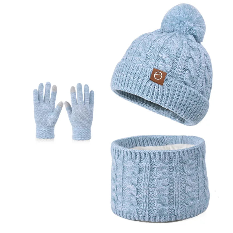 3pc Kids Winter Hat Scarf Gloves Set Unisex Children Beanie Cap Knitted Scarf Cap Ear Protection Fleece Warm Hat Boys Girl