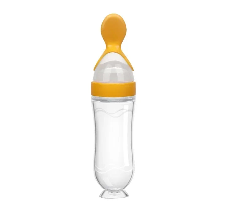 3-in-1 Squeeze Baby Bottle Solid Food Dispenser & Training Spoon Safe Silicone, Easy to Hold