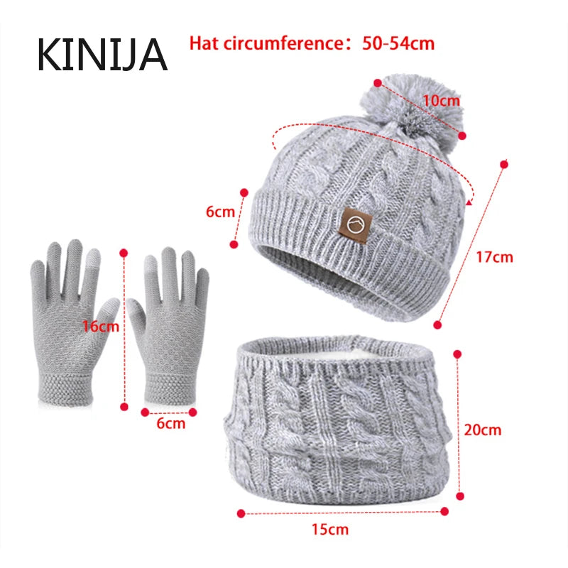 3pc Kids Winter Hat Scarf Gloves Set Unisex Children Beanie Cap Knitted Scarf Cap Ear Protection Fleece Warm Hat Boys Girl