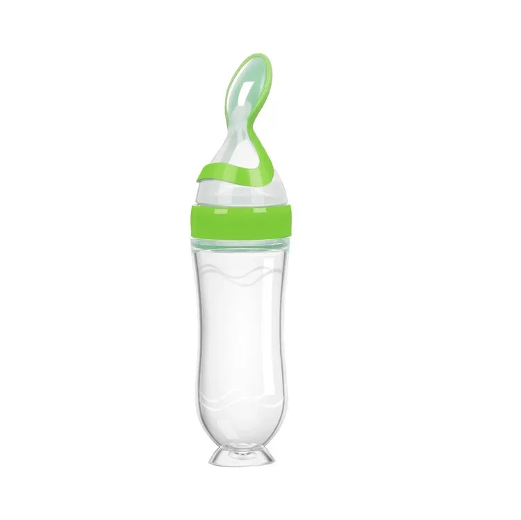 3-in-1 Squeeze Baby Bottle Solid Food Dispenser & Training Spoon Safe Silicone, Easy to Hold