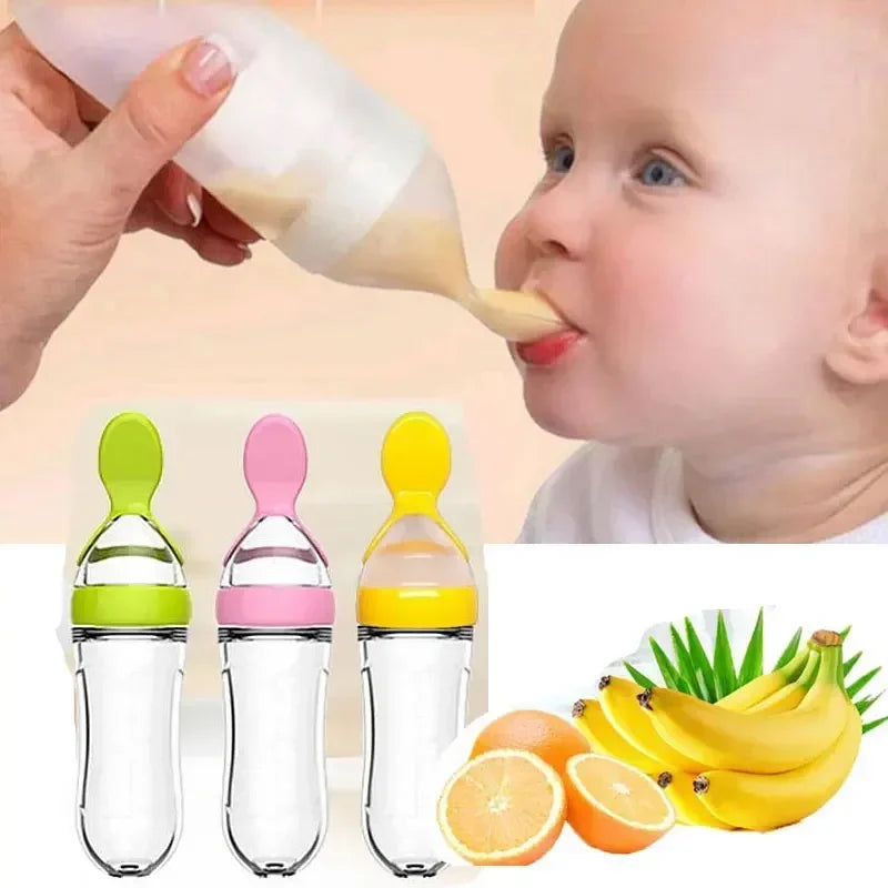 3-in-1 Squeeze Baby Bottle Solid Food Dispenser & Training Spoon Safe Silicone, Easy to Hold