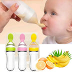 3-in-1 Squeeze Baby Bottle Solid Food Dispenser & Training Spoon Safe Silicone, Easy to Hold