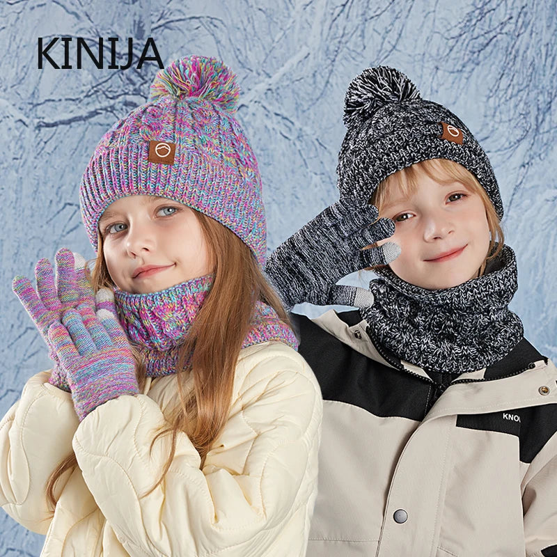 3pc Kids Winter Hat Scarf Gloves Set Unisex Children Beanie Cap Knitted Scarf Cap Ear Protection Fleece Warm Hat Boys Girl