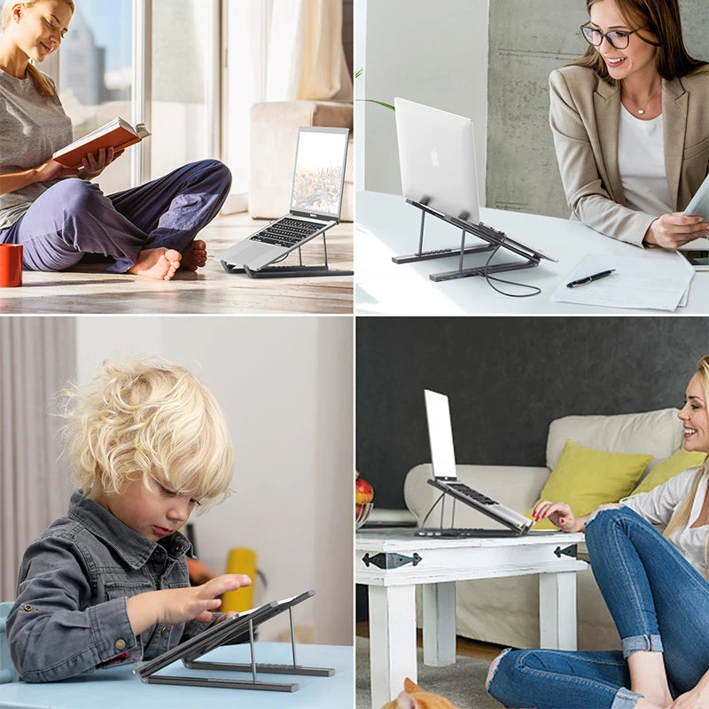 Portable Laptop Stand Aluminum Adjustable 8 Ports USB C Hub with 4K HDMI PD 100W for MacBook 10-17” Laptops Cooling Riser Mount