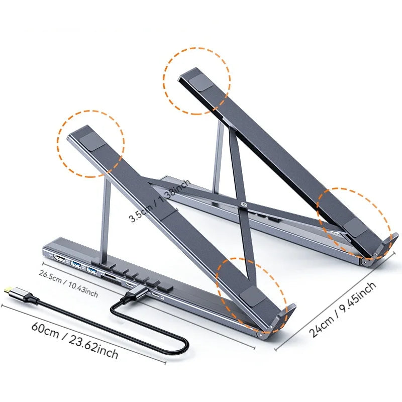 Portable Laptop Stand Aluminum Adjustable 8 Ports USB C Hub with 4K HDMI PD 100W for MacBook 10-17” Laptops Cooling Riser Mount