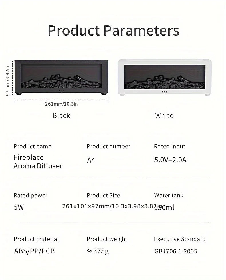 Essential Oil Diffuser, 3D Fireplace-Style Aromatherapy Humidifier with Colorful Flame Effect and Remote Control