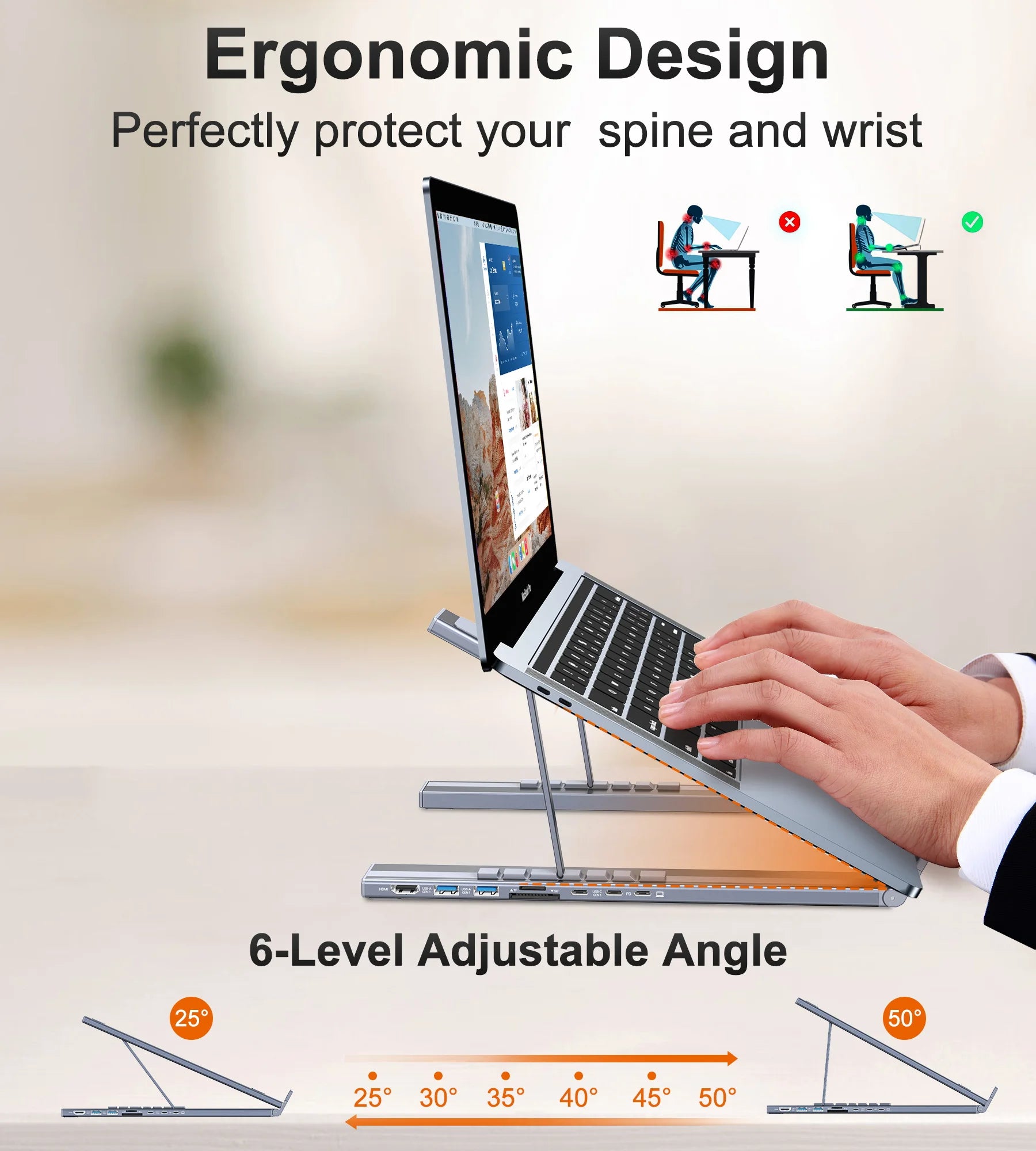 Portable Laptop Stand Aluminum Adjustable 8 Ports USB C Hub with 4K HDMI PD 100W for MacBook 10-17” Laptops Cooling Riser Mount