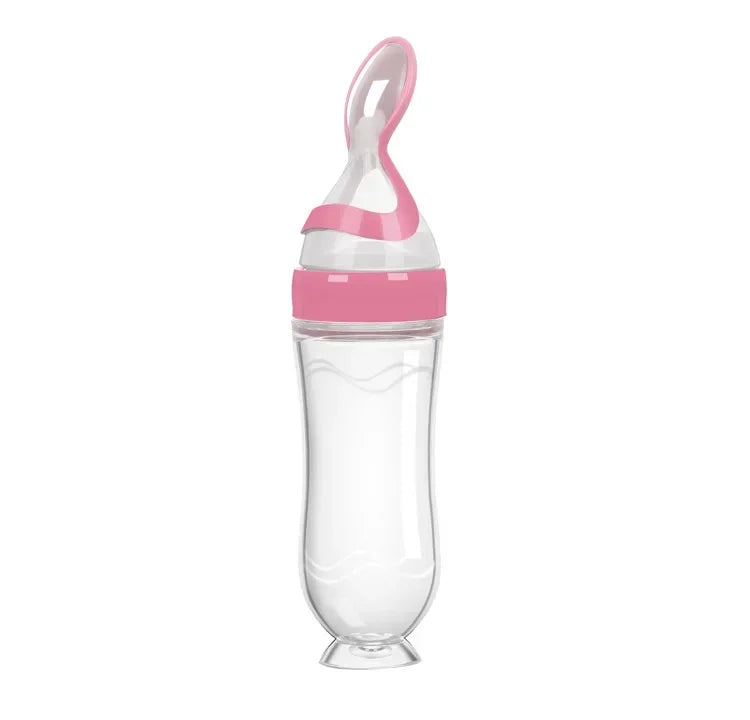 3-in-1 Squeeze Baby Bottle Solid Food Dispenser & Training Spoon Safe Silicone, Easy to Hold