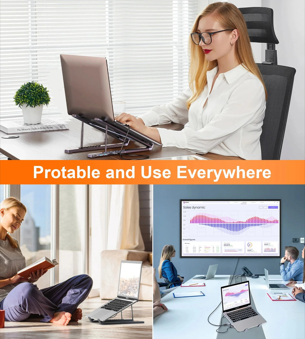 Portable Laptop Stand Aluminum Adjustable 8 Ports USB C Hub with 4K HDMI PD 100W for MacBook 10-17” Laptops Cooling Riser Mount